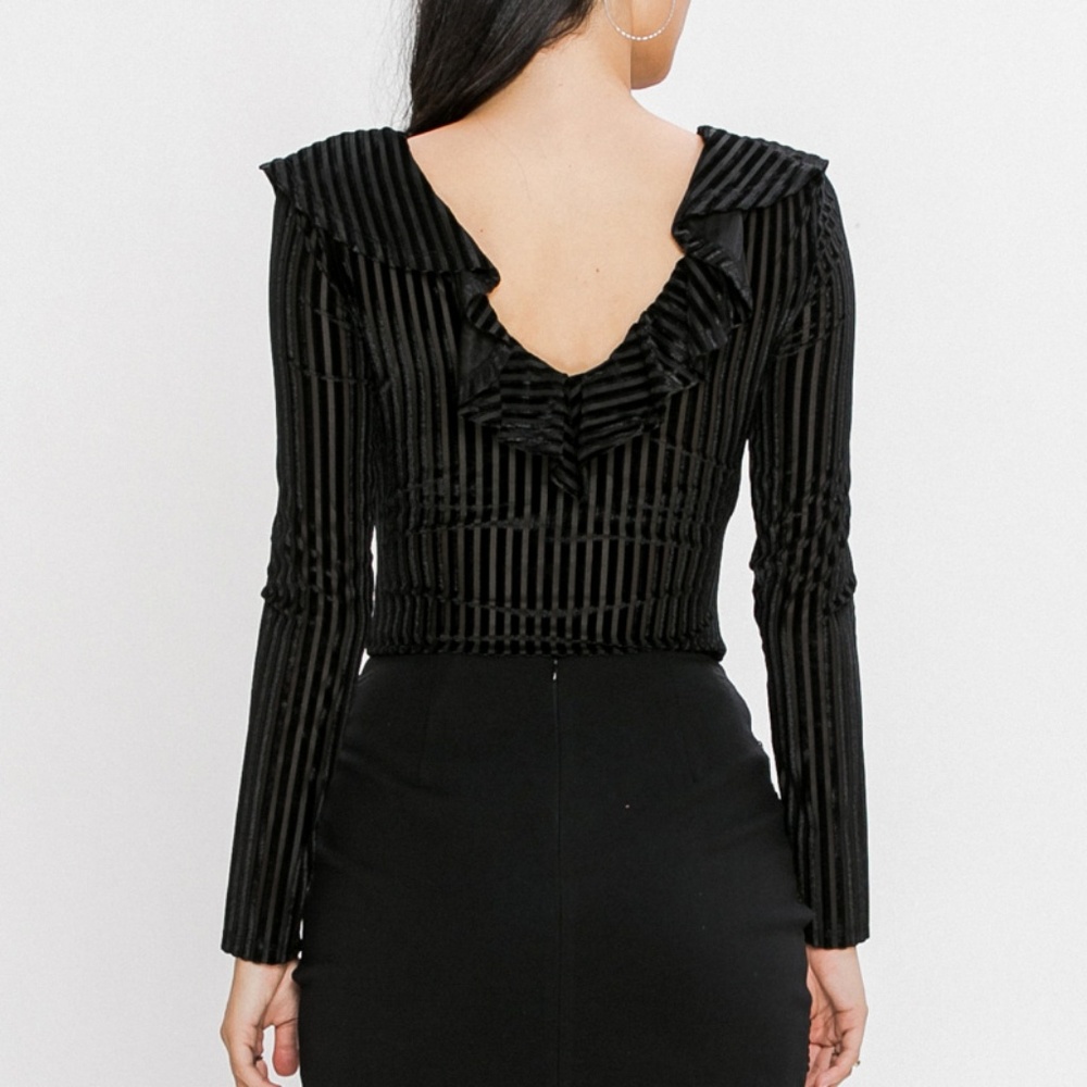 Velvet Ruffle Ribbed Tie Bodysuit - Picture 6 of 7